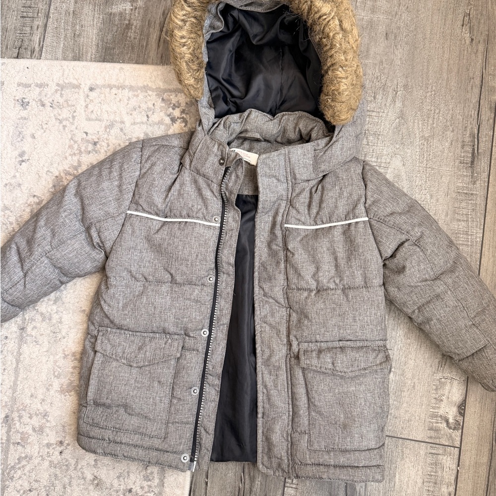 H&M Gray Kids Puffer Jacket with Faux Fur Hood
